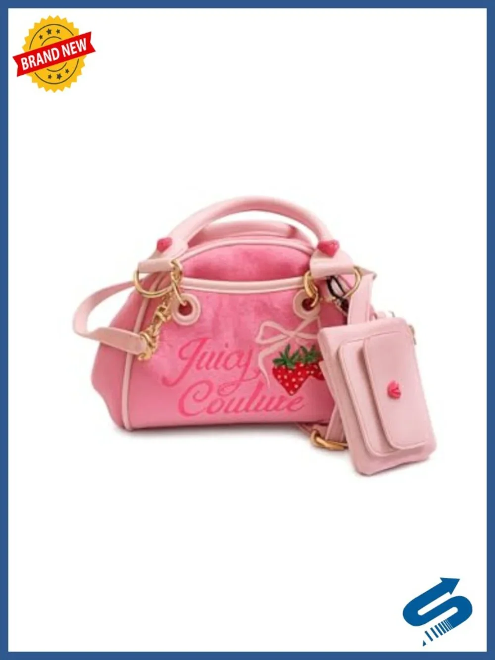 Retro Satchel with Strawberry Print, Terry Cloth, Gold Chain Strap